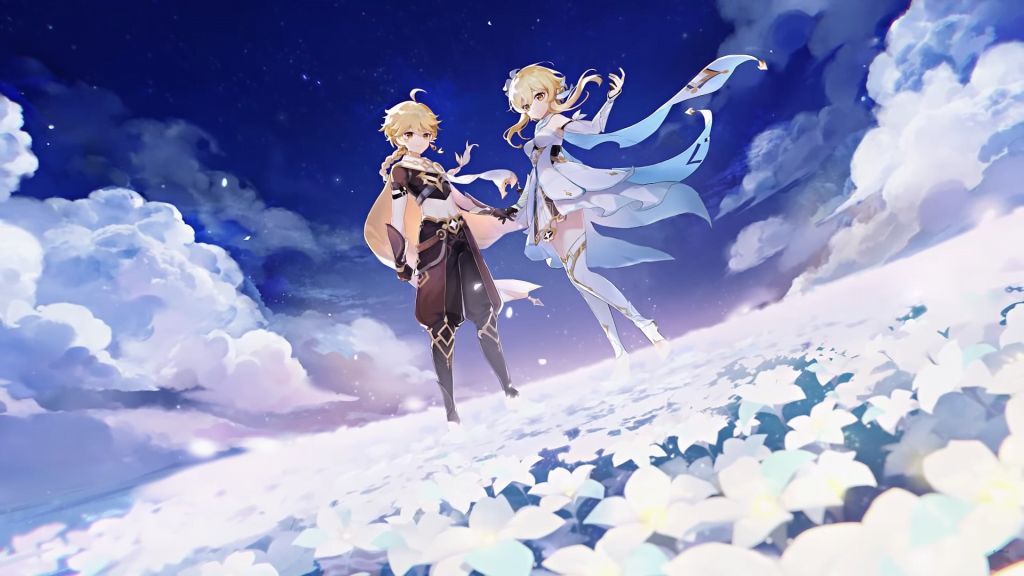 Animated characters holding hands under starry sky