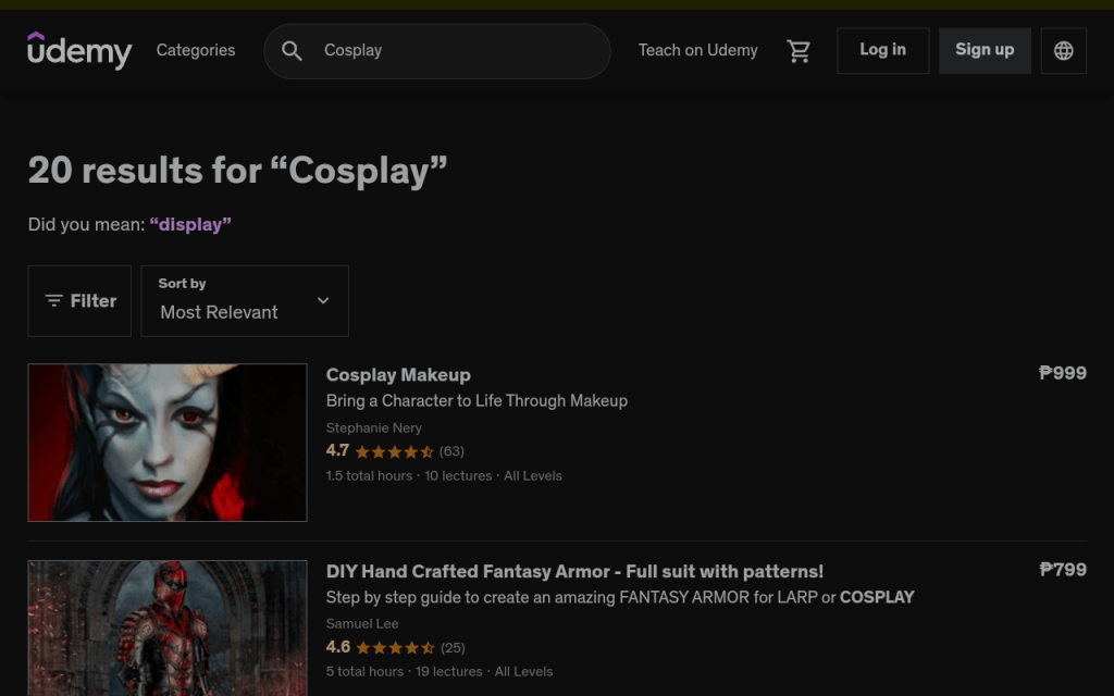 Udemy Searching for Cosplay Online Courses